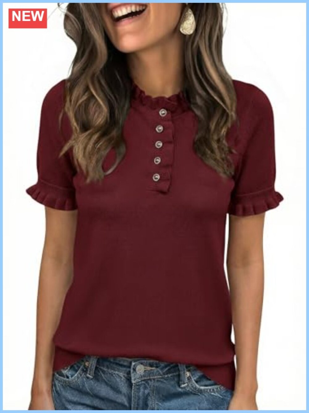 Womens Puff Short Sleeve Ruffle Henley Knit Sweater Top Pullover